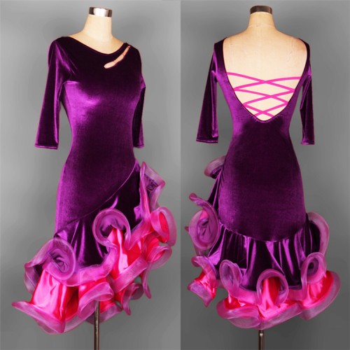 Black and white red fuchsia royal blue purple velvet ruffles skirts women's competition latin salsa cha cha dance dresses